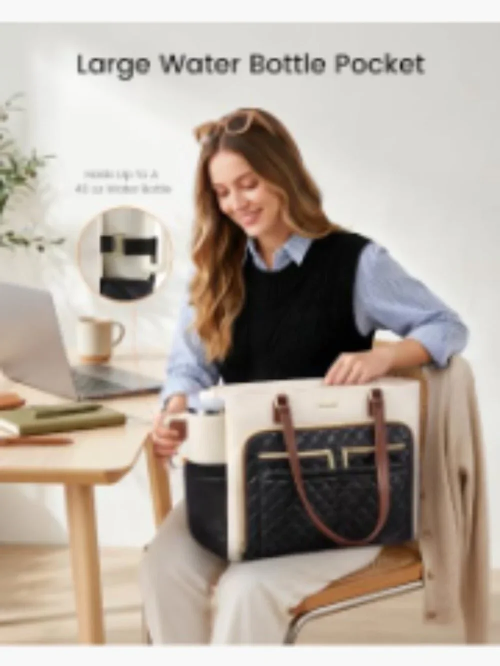 Work Tote with Insulated Lunch Compartment, 15.6 Inch Laptop Bag for Women, PU